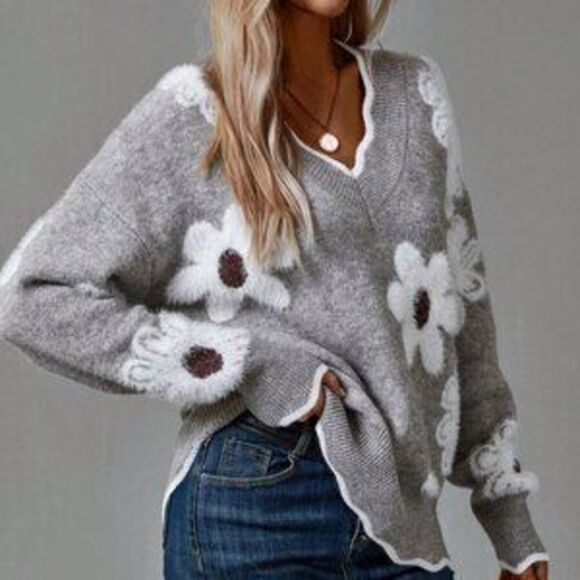 Sweaters - Grey Casual Women's Spring Floral Pattern Easter Family Sweater